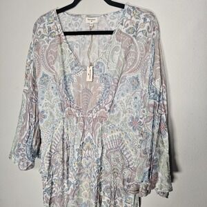 World Market Womens S/M Floral Print Maxi Dress Blue Green Short Sleeve Bohemian